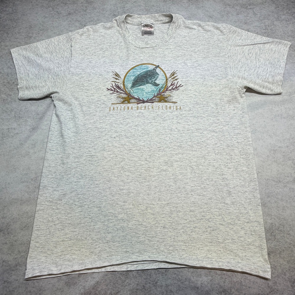 Vintage Daytona Beach Florida Dolphin Graphic Single Stitch T-Shirt Grey Large